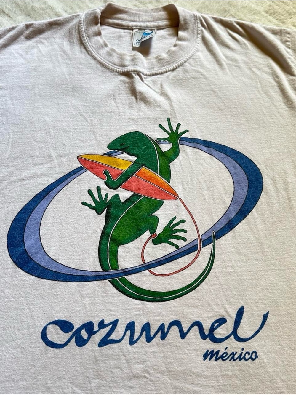 Vintage 1990s Cozumel Mexico White Tee with Green Lizard Graphic L